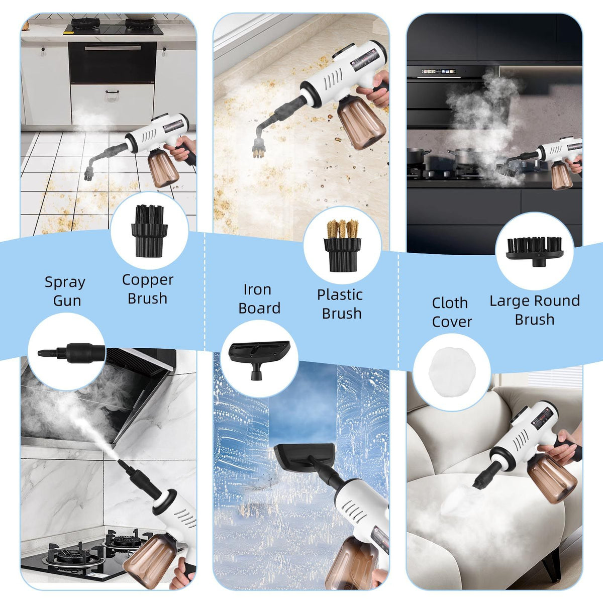 Portable Handheld Steam Cleaner 10s Quick Heat 3 Temperature Adjustable Deep Cleaning Machine with 600ml Water Tank 3 Brush Heads Bent Nozzle Window Scraper with Cloth Cover Storage Bag 5.2ft Power Cord for Kitchen Bathroom Furniture Upholstery Clothes Ca