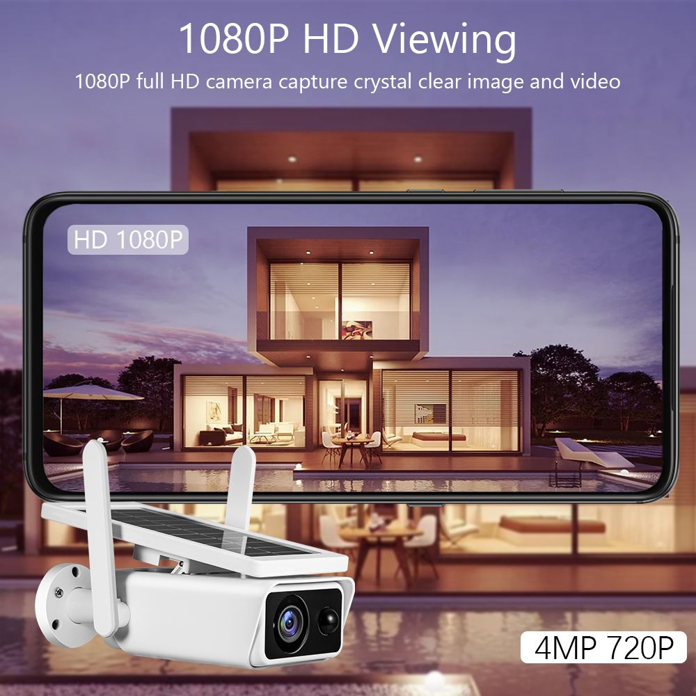 Outdoor Solar Security Camera 4MP Chargeable Battery Wireless WiFi Home Surveillance Camera with PIR Motion Detection, Night Vision, 2-Way Audio, IP66 Waterproof