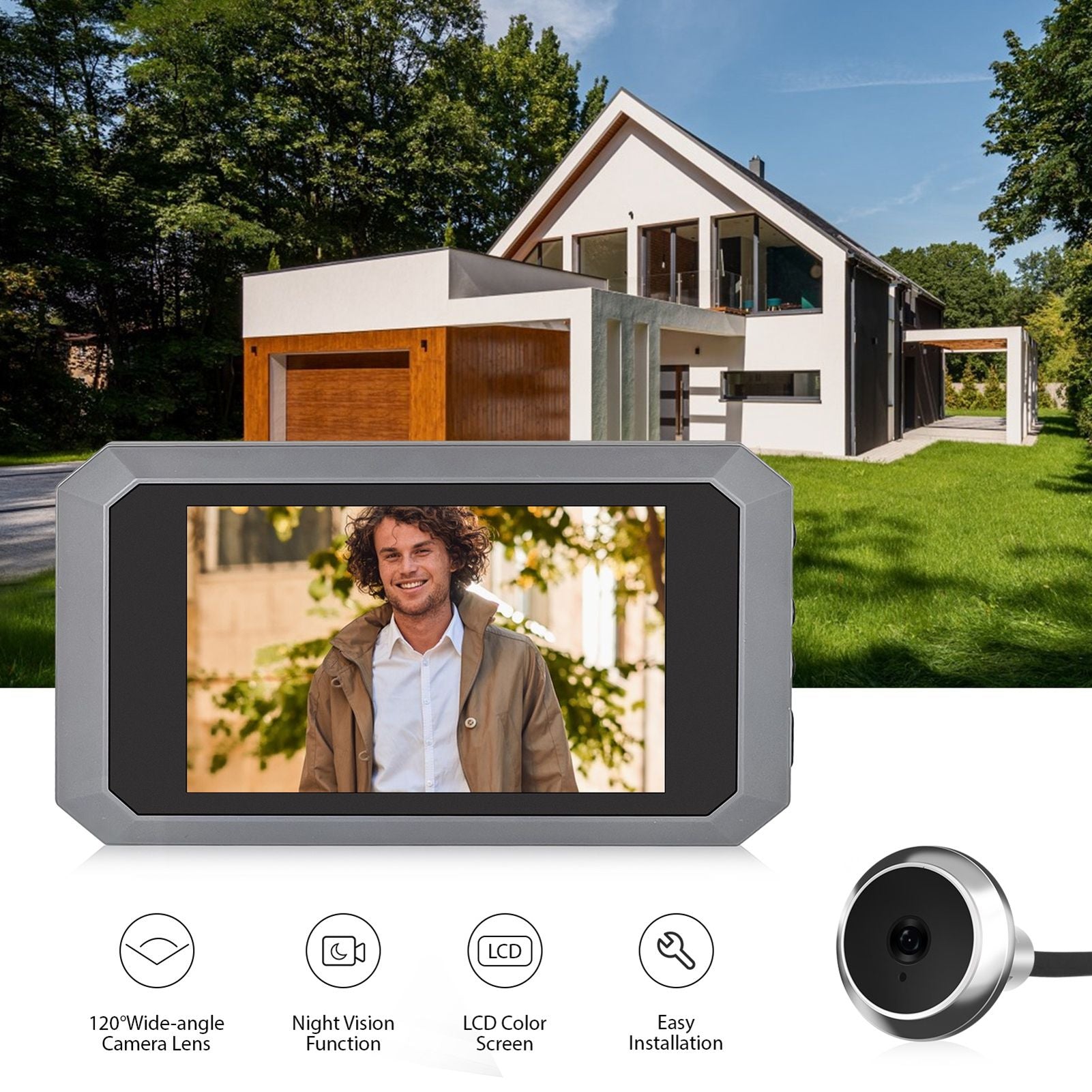 3.97-inch Peephole Camera for Apartment Door 2MP LCD Digital Peephole Viewer 120 Degree Color Infrared Camera 1080P Door Monitor Built-in 1400mAh Battery Type-C Rechargeable