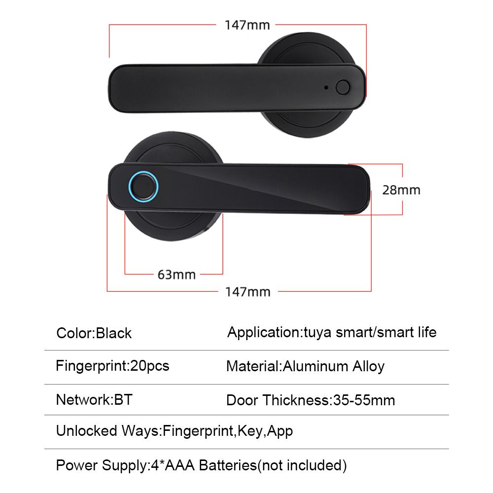 Smart Fingerprint Door Lock Keyless Entry Biometric Door Lock with Handle Set Support Key Unlock Intelligent Tuya App Control BT Connecting for Home Apartment Hotel Office