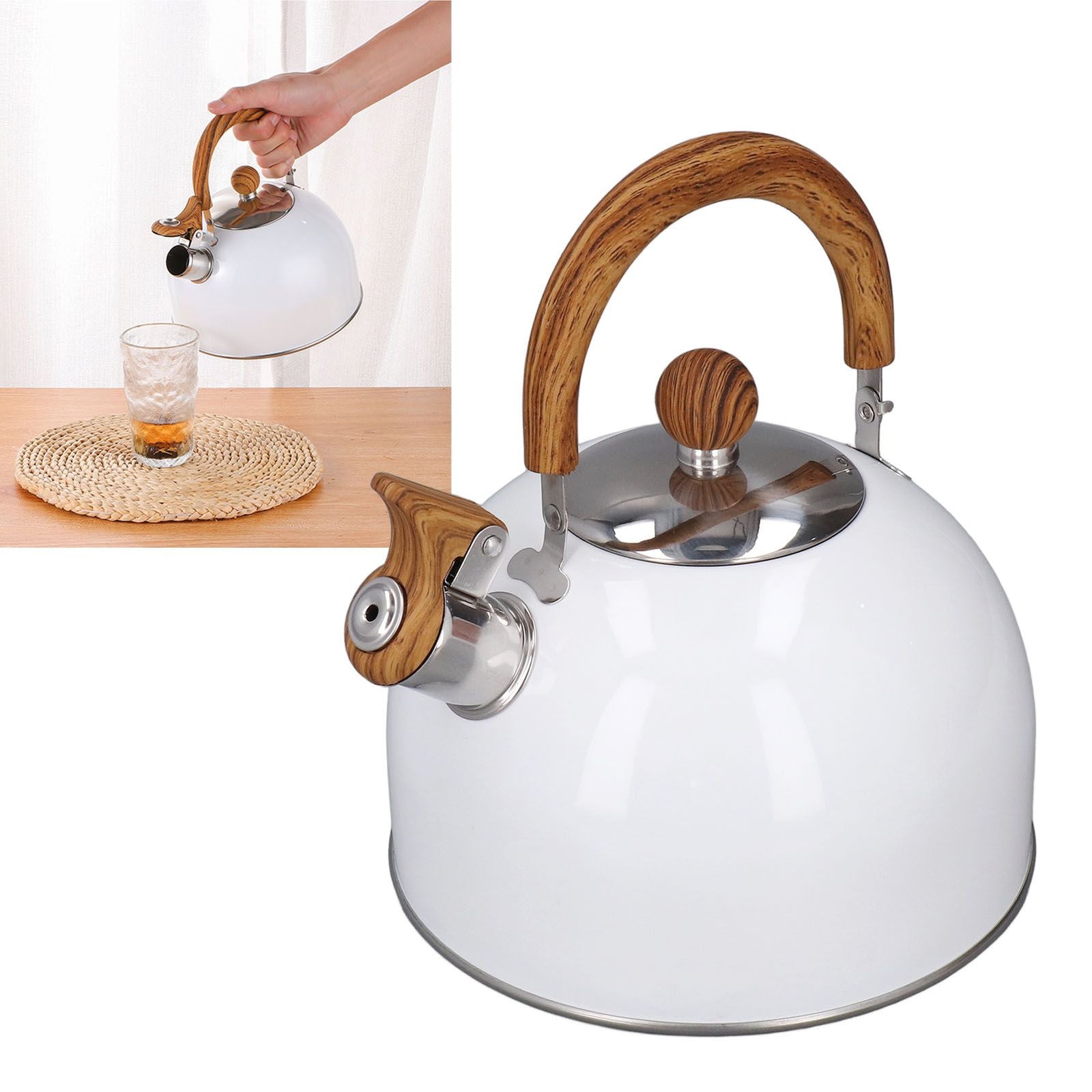 Whistling Kettle 2.5L Capacity White 304 Stainless Steel Fast Heating Ergonomic Handle Home Whistling Kettle