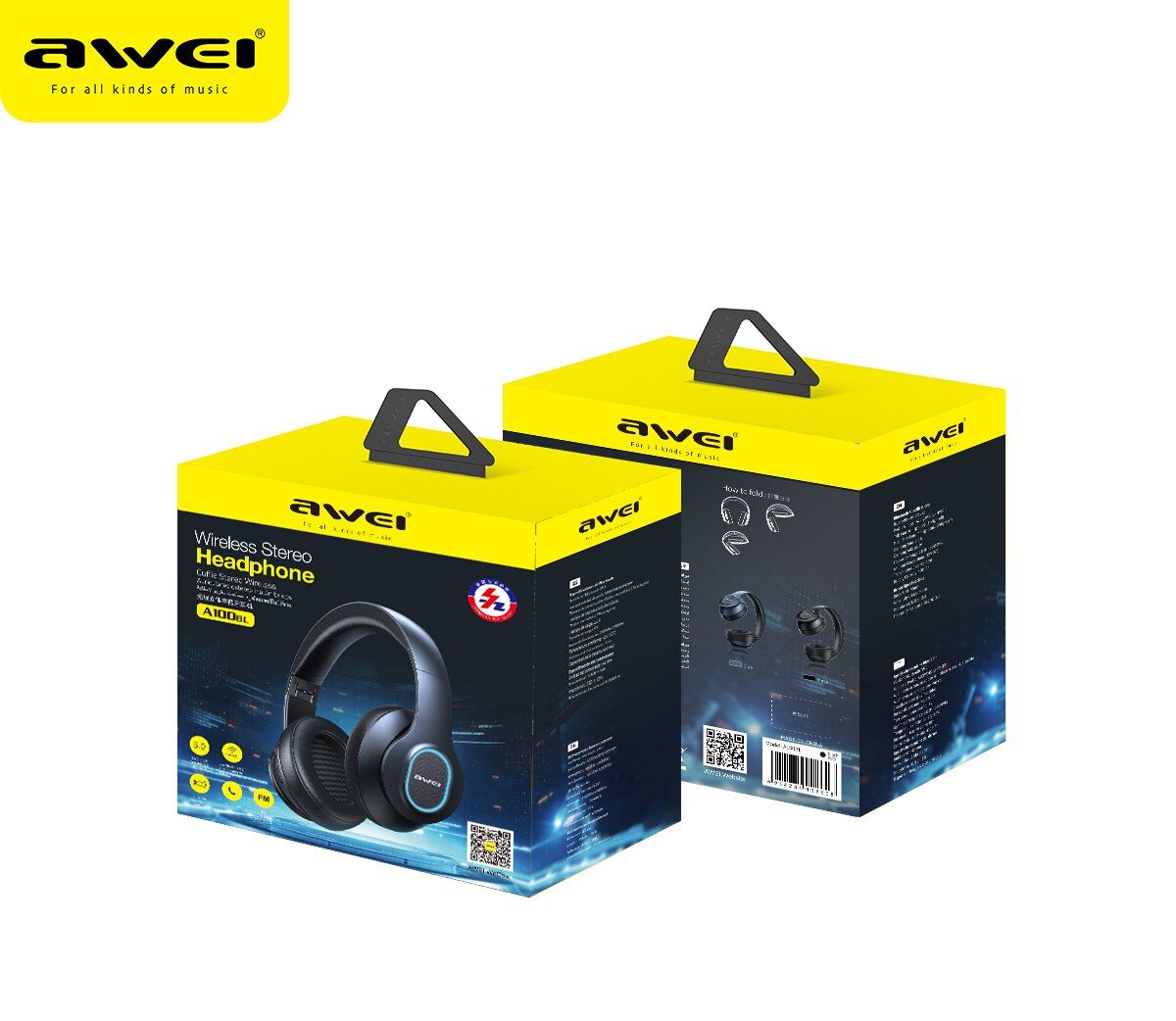 AWEI A100BL Foldable Bluetooth Over‑Ear Headphones, HiFi Stereo，black
