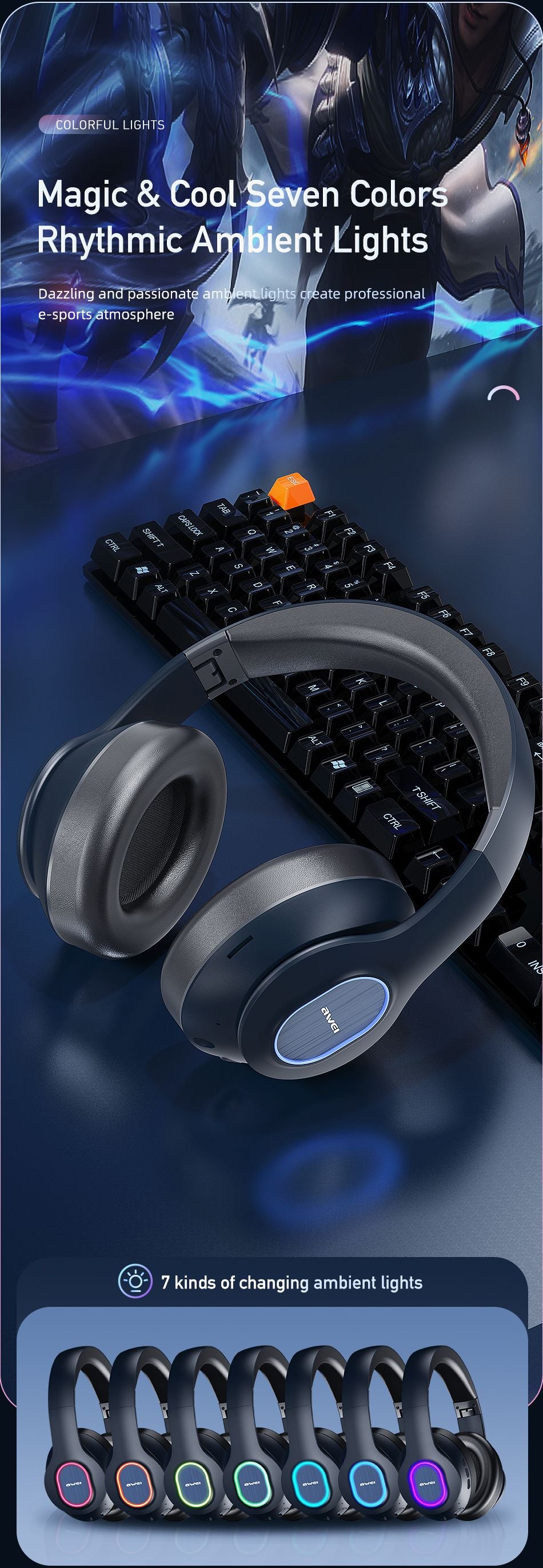 AWEI A100BL Foldable Bluetooth Over‑Ear Headphones, HiFi Stereo，black