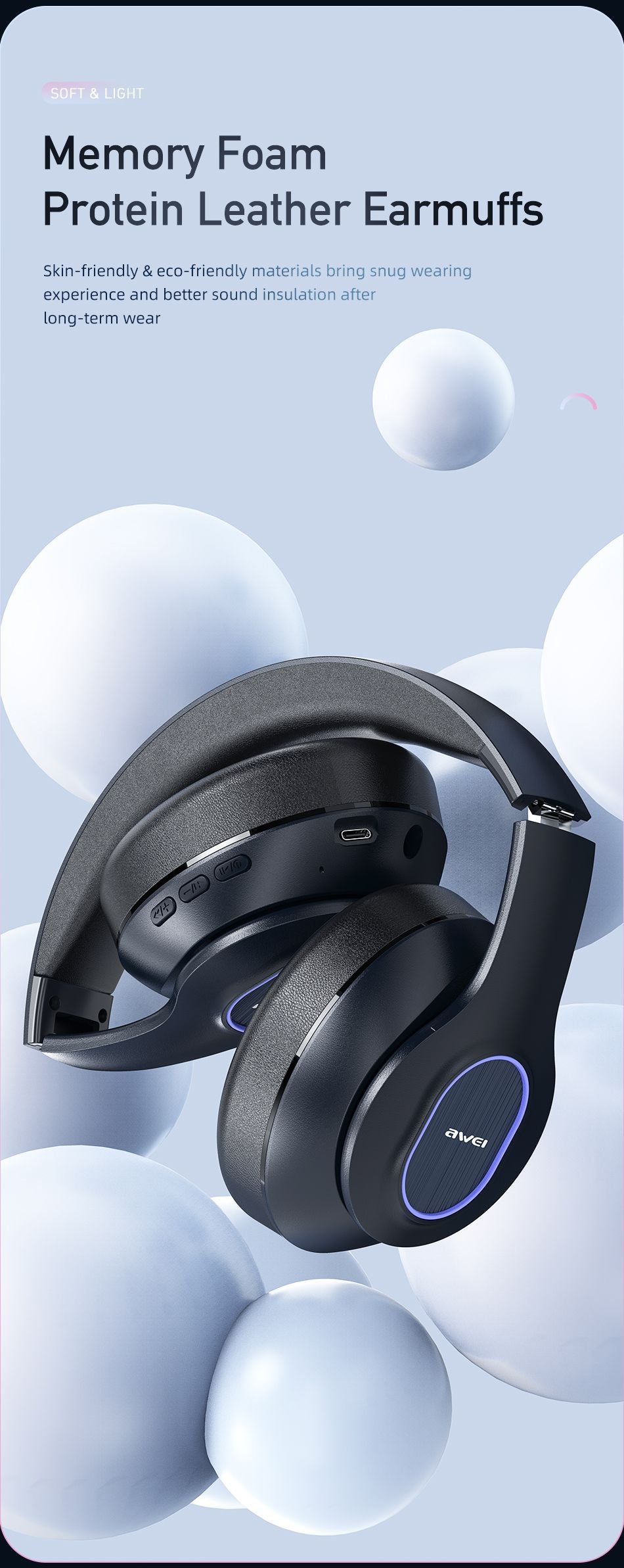 AWEI A100BL Foldable Bluetooth Over‑Ear Headphones, HiFi Stereo，black