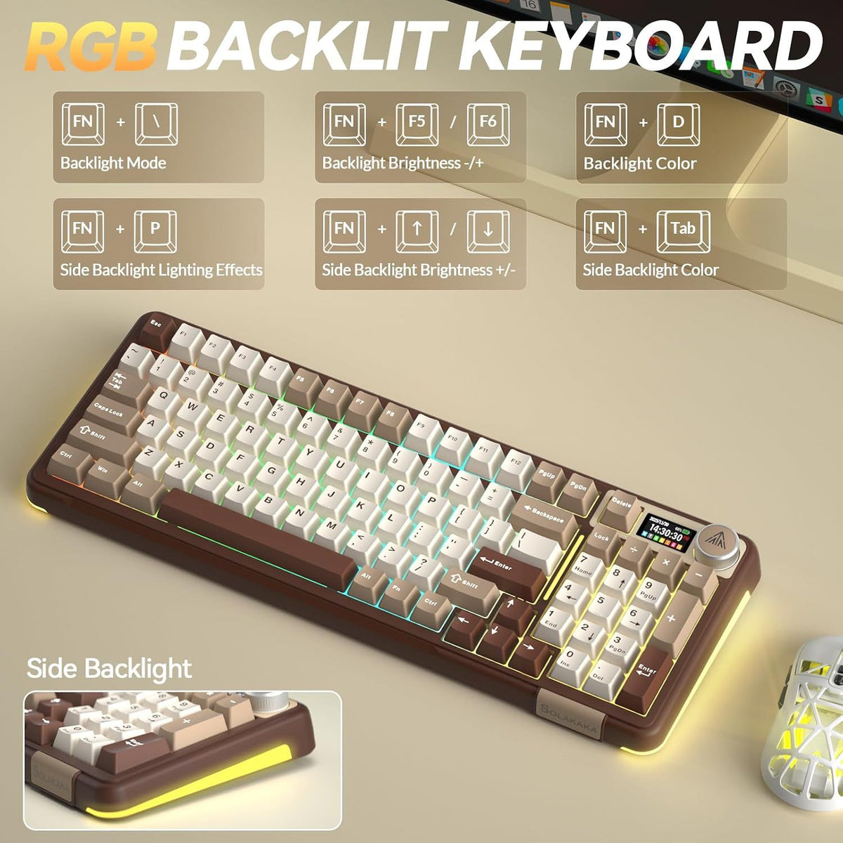 Solakaka A99PRO 3‑Mode RGB Mechanical Keyboard, Milk-Coffee-Brown