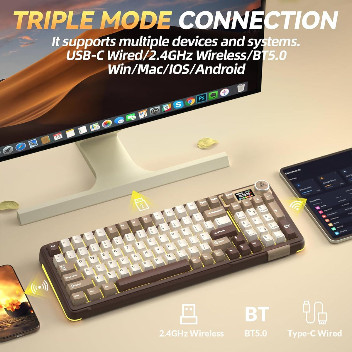 Solakaka A99PRO 3‑Mode RGB Mechanical Keyboard, Milk-Coffee-Brown