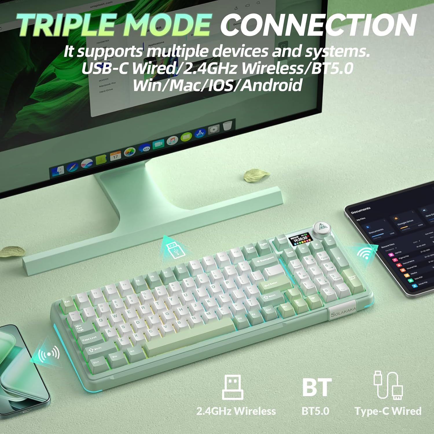 Solakaka A99PRO 3‑Mode RGB Mechanical Keyboard, White‑Green