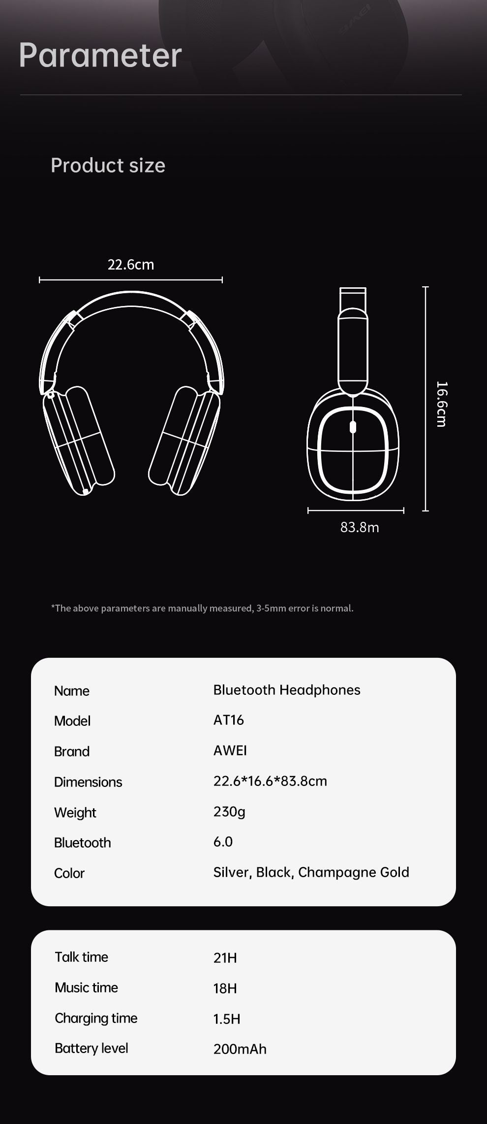 AWEI AT16 Foldable Over‑Ear Wireless Headphones，belge