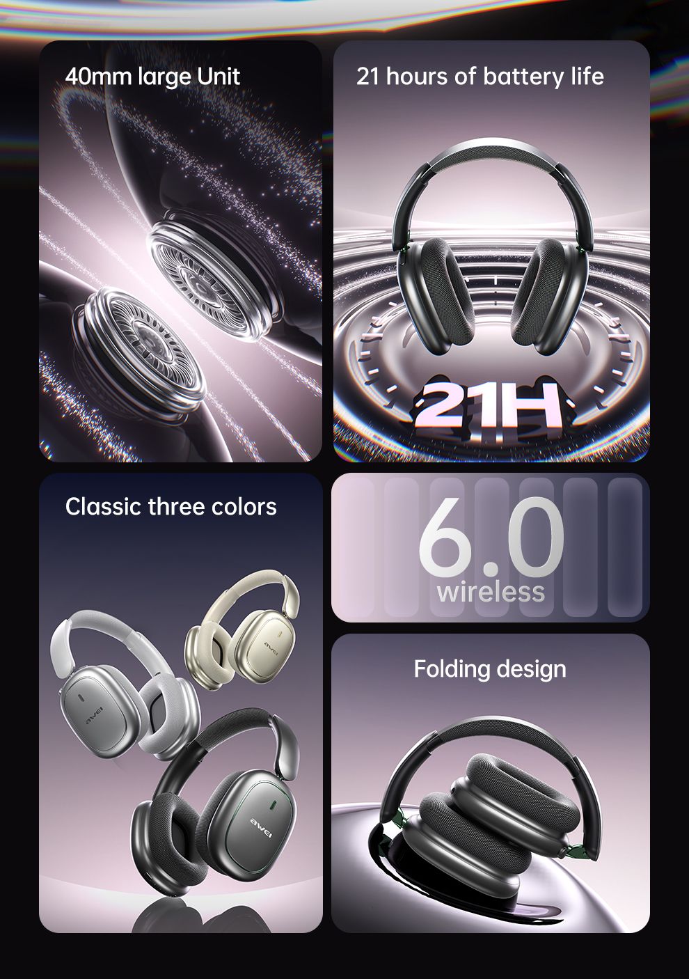 AWEI AT16 Foldable Over‑Ear Wireless Headphones，white