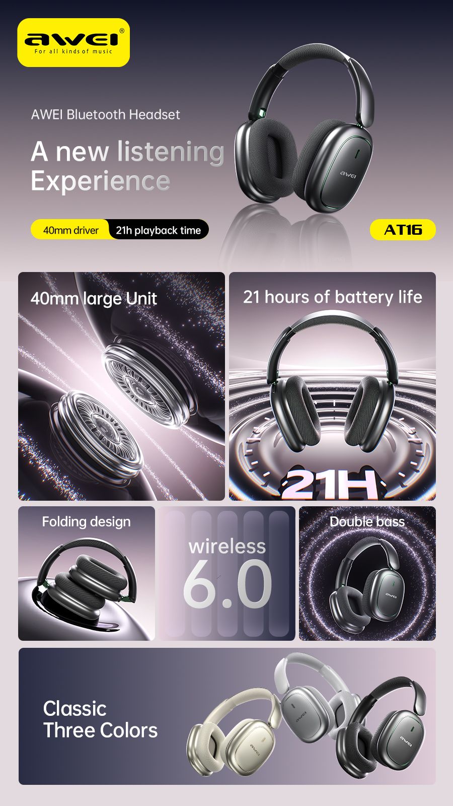 AWEI AT16 Foldable Over‑Ear Wireless Headphones，white