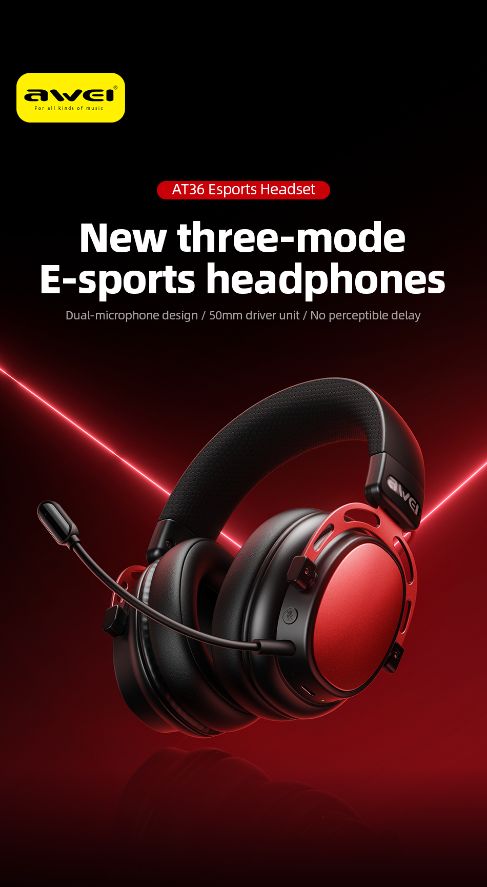 AWEI AT36 Tri‑Mode Wireless Gaming Headset, Low‑Latency 2.4G Bluetooth，red
