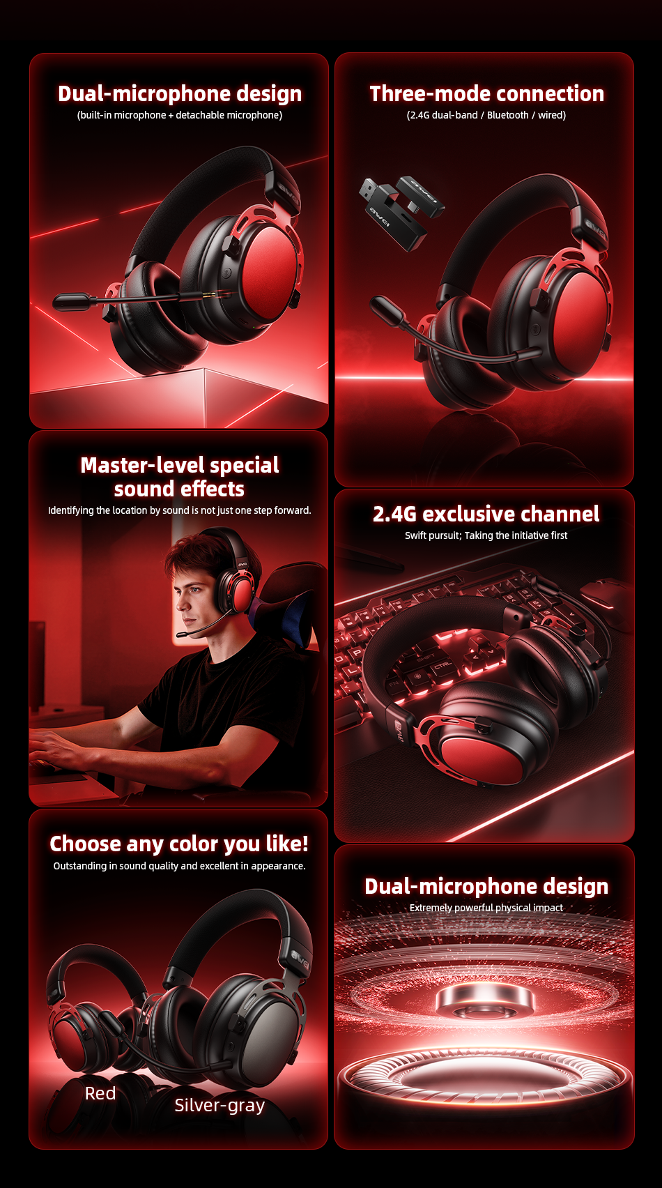 AWEI AT36 Tri‑Mode Wireless Gaming Headset, Low‑Latency 2.4G Bluetooth，red