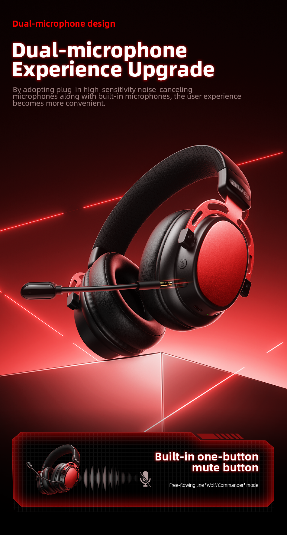 AWEI AT36 Tri‑Mode Wireless Gaming Headset, Low‑Latency 2.4G Bluetooth，red