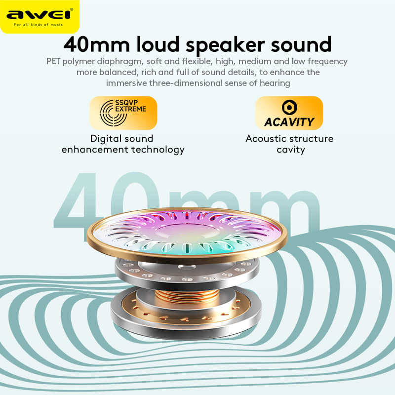 AWEI AT6 Wireless Bluetooth Over‑Ear Headphones, 40mm Driver Stereo Headset, beige
