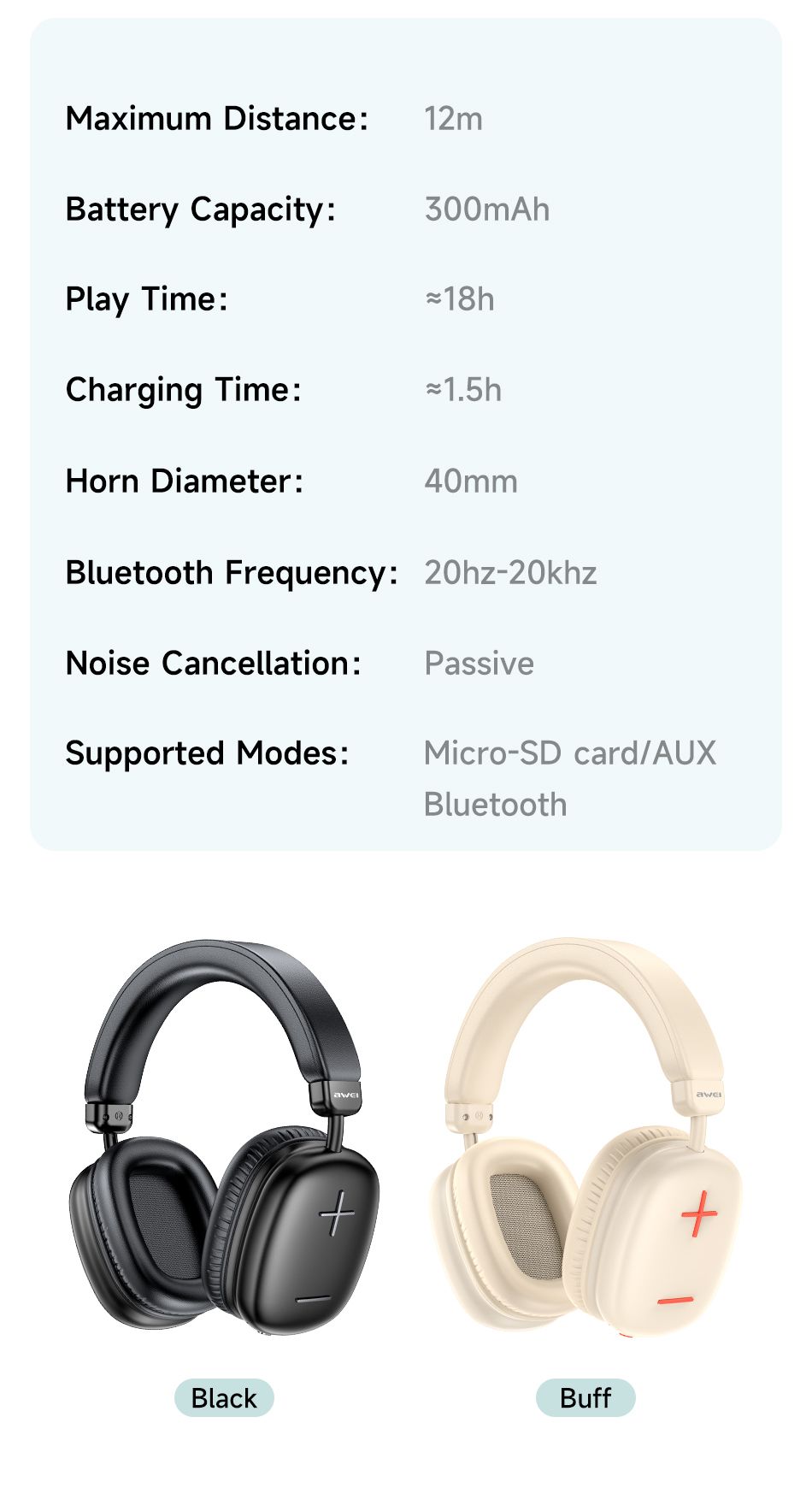 AWEI AT6 Wireless Bluetooth Over‑Ear Headphones, 40mm Driver Stereo Headset, beige