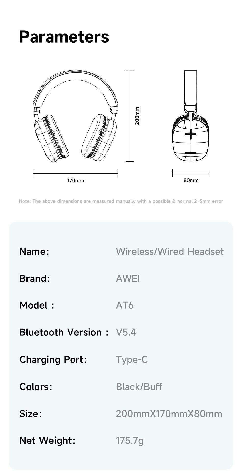AWEI AT6 Wireless Bluetooth Over‑Ear Headphones, 40mm Driver Stereo Headset, beige