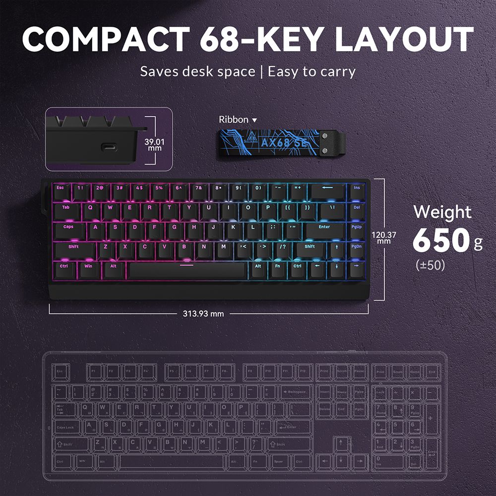 SOLA AX68 Mechanical Keyboard, Gasket Mount Hot Swappable RGB Tri-Mode Wireless Keyboard，white