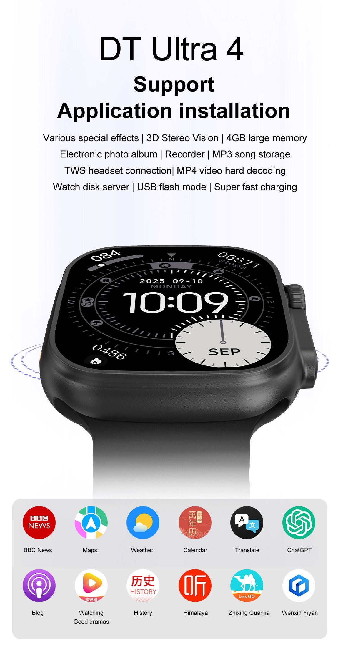 DT Ultra 4 Smart Watch, Full Touch Screen, Fitness Tracker, Black Strap