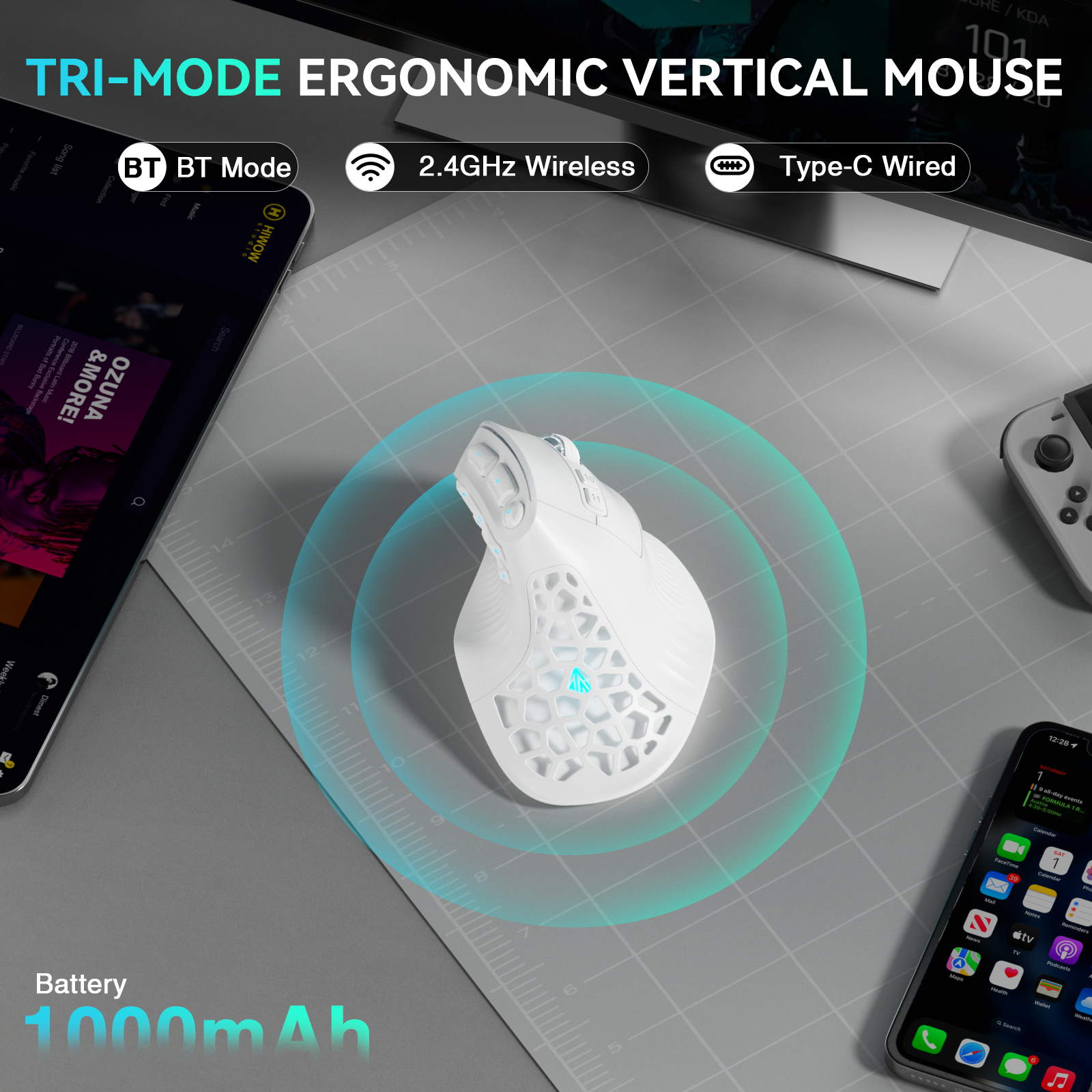 Solakaka E9 3 Mode Vertical Ergonomic Mouse, white