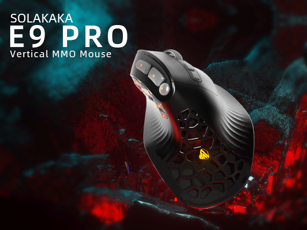 Solakaka E9PRO Tri‑Mode Vertical Ergonomic MMO Gaming Mouse, 10 Programmable Side Buttons, RGB Backlit Rechargeable Wireless Mouse,Black-Gray
