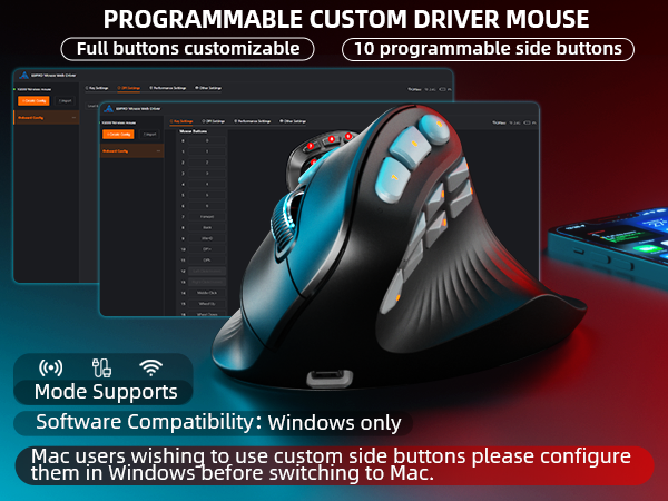 Solakaka E9PRO Tri‑Mode Vertical Ergonomic MMO Gaming Mouse, 10 Programmable Side Buttons, RGB Backlit Rechargeable Wireless Mouse,Black-Gray