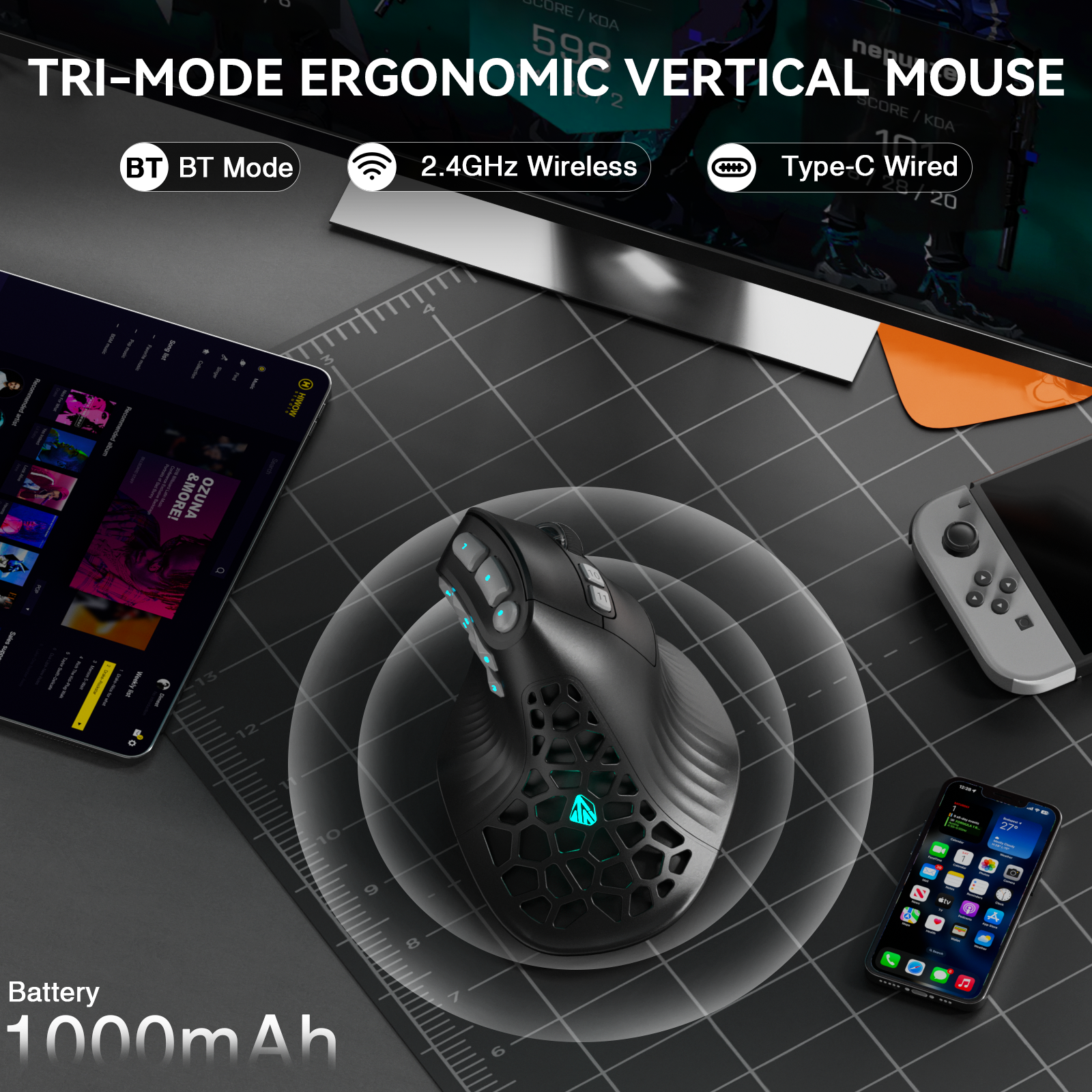 Solakaka E9PRO Tri‑Mode Vertical Ergonomic MMO Gaming Mouse, 10 Programmable Side Buttons, RGB Backlit Rechargeable Wireless Mouse,Black-Gray