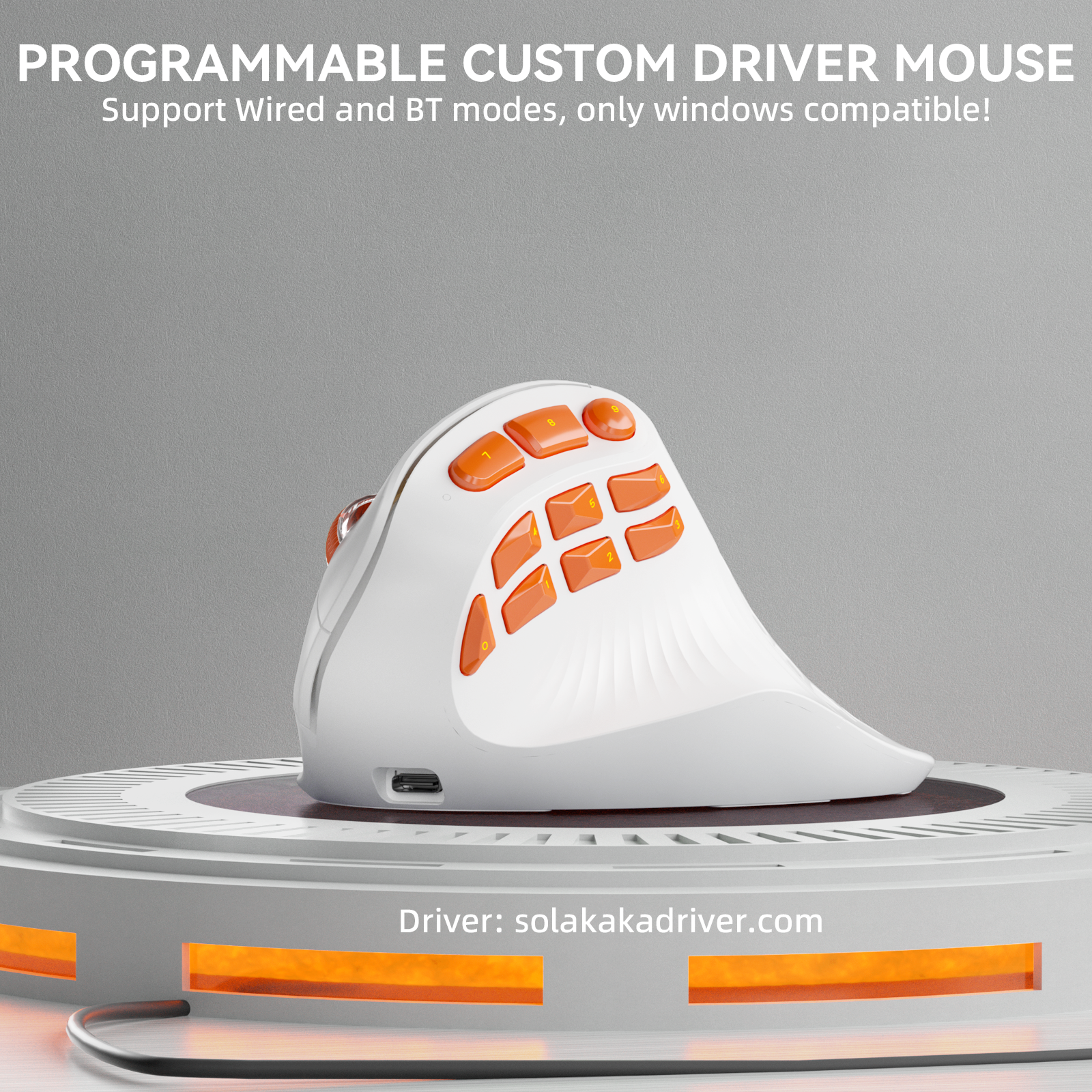 Solakaka E9PRO Tri‑Mode Vertical Ergonomic MMO Gaming Mouse, 10 Programmable Side Buttons, RGB Backlit Rechargeable Wireless Mouse,White-Orange