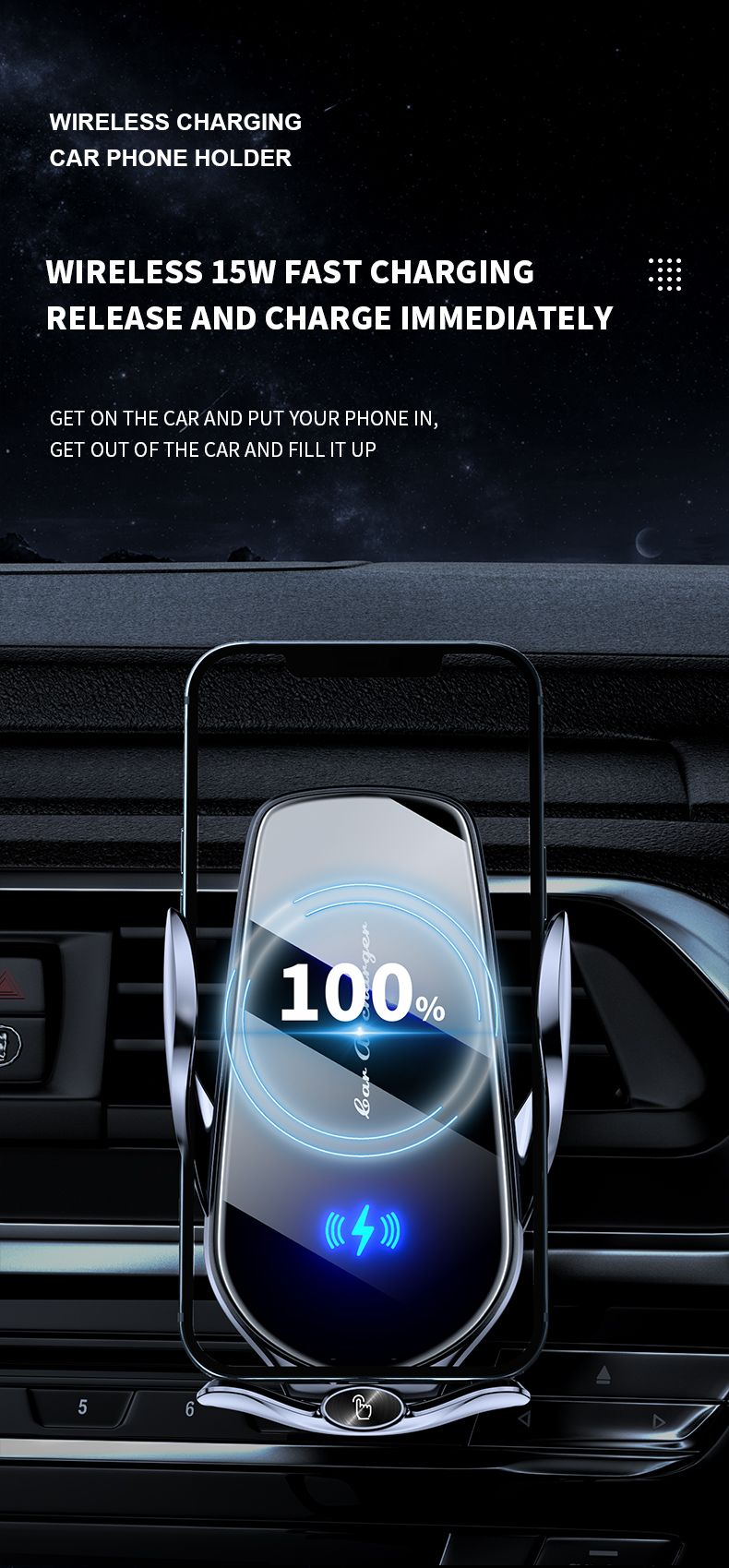 FJ22 Auto Clamping Wireless Car Charger Mount Infrared Air Vent Phone Holder，black