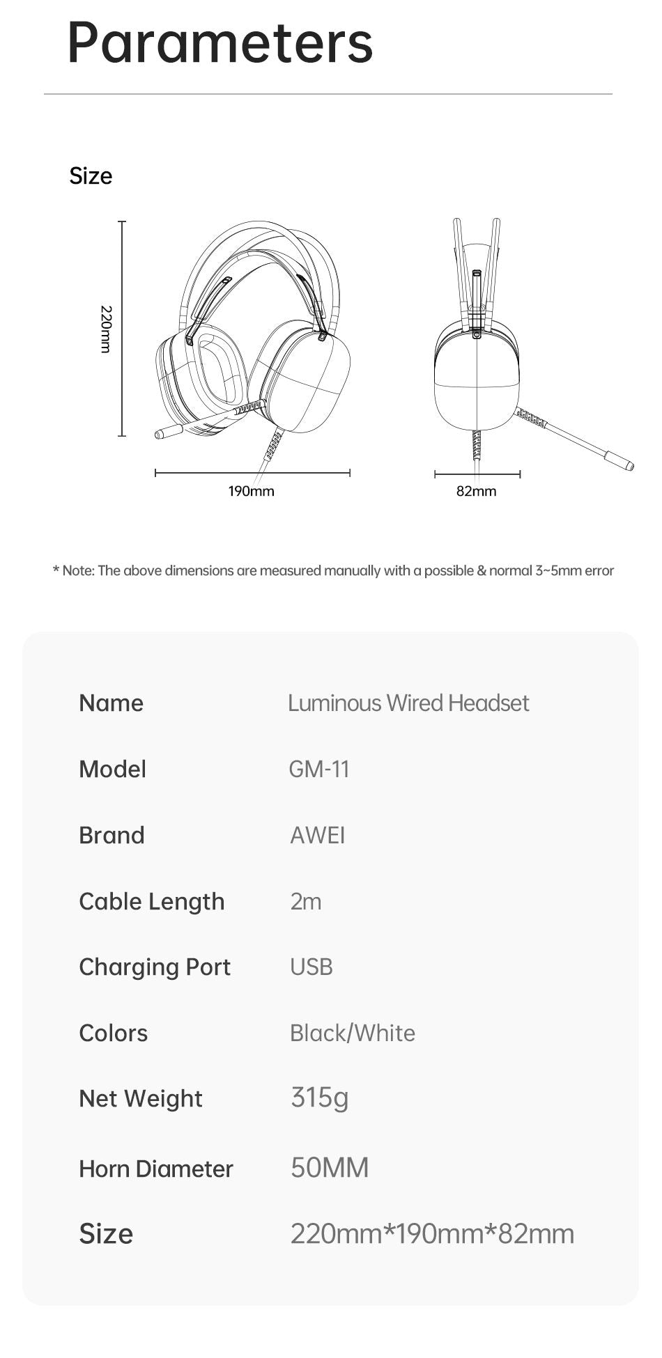 AWEI GM11 Wired Gaming Over‑Ear Headset, 50mm Driver 7.1 Surround Sound, USB & 3.5mm Jack,black