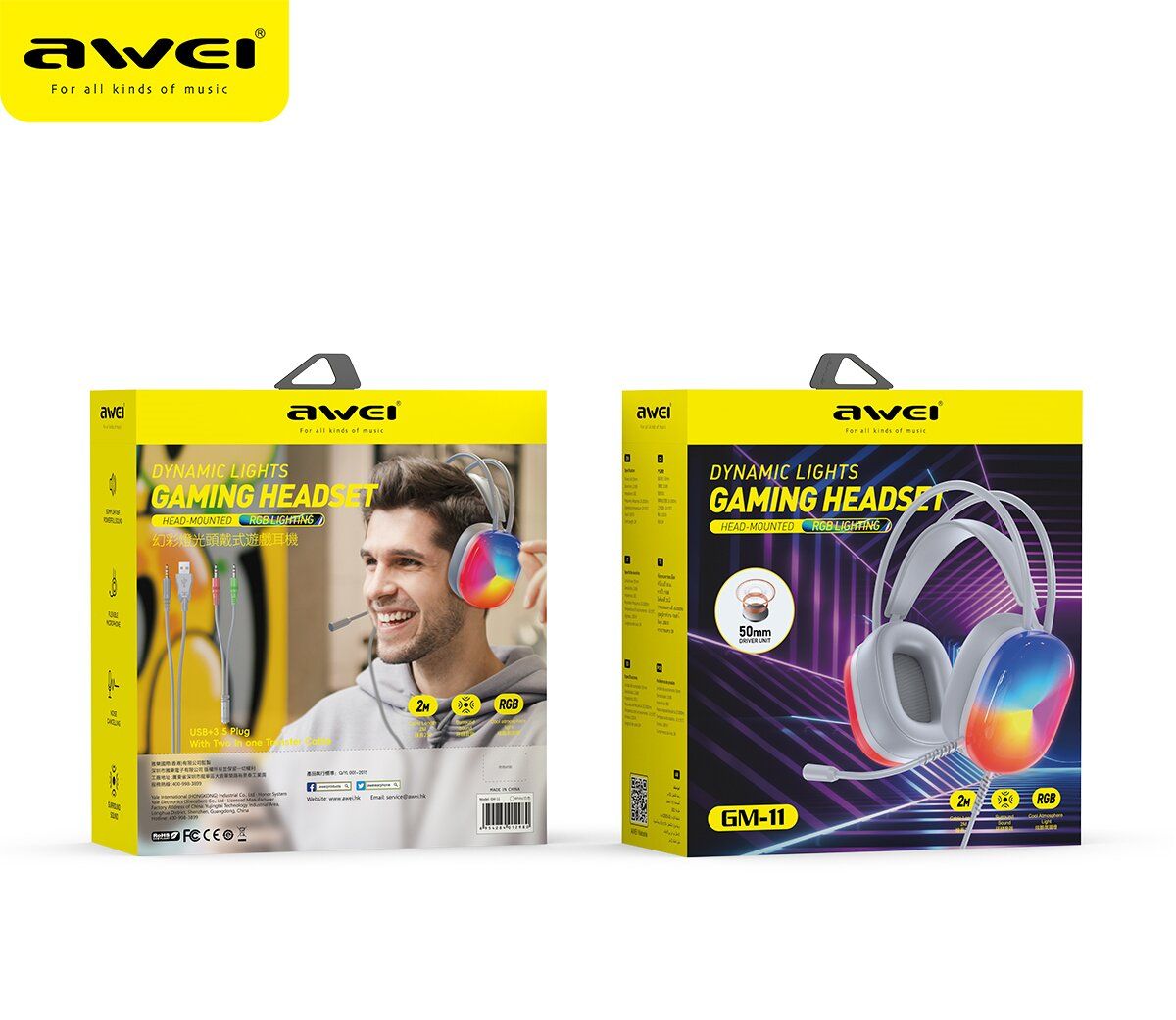 AWEI GM11 Wired Gaming Over‑Ear Headset, 50mm Driver 7.1 Surround Sound, USB & 3.5mm Jack,white