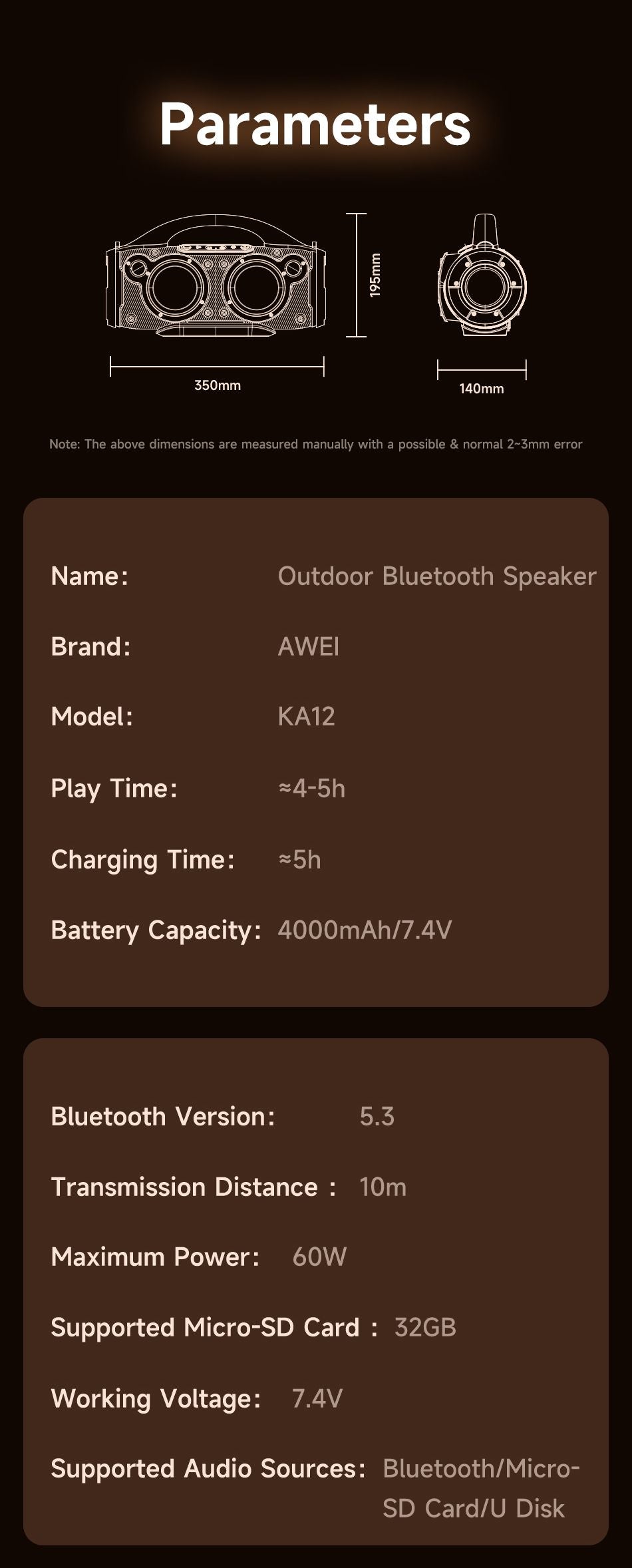 AWEI KA12 60W Outdoor Wireless Bluetooth Speaker,black