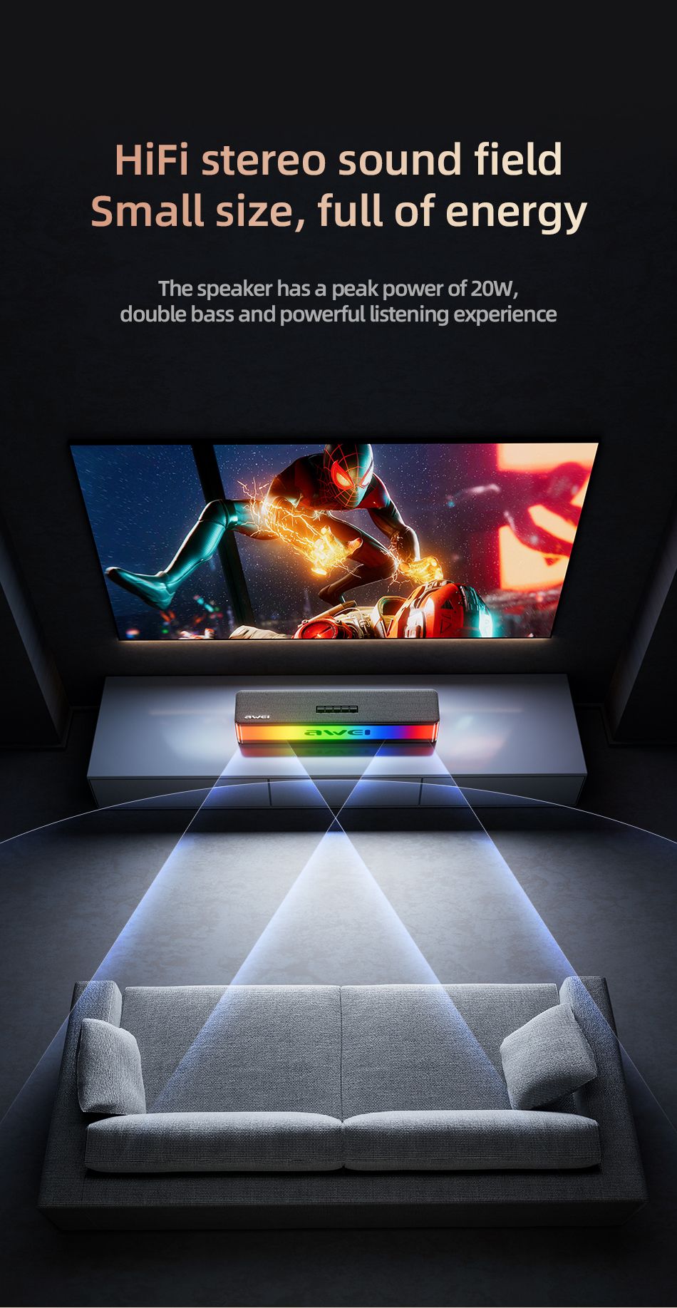 KA23 Wireless Bluetooth Soundbar, RGB Dynamic Lighting Stereo Speaker，black