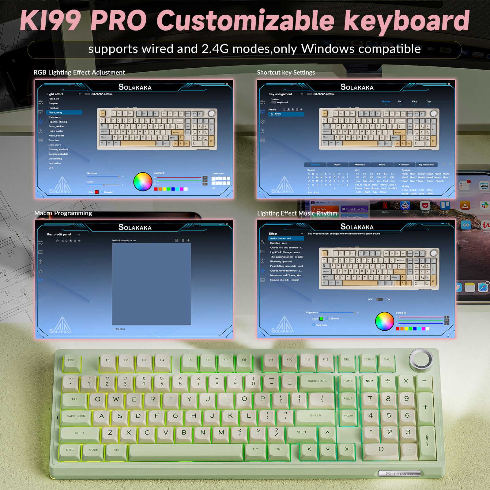 Solakaka Ki99pro 3‑Mode RGB Mechanical Keyboard,  Avocado-Green
