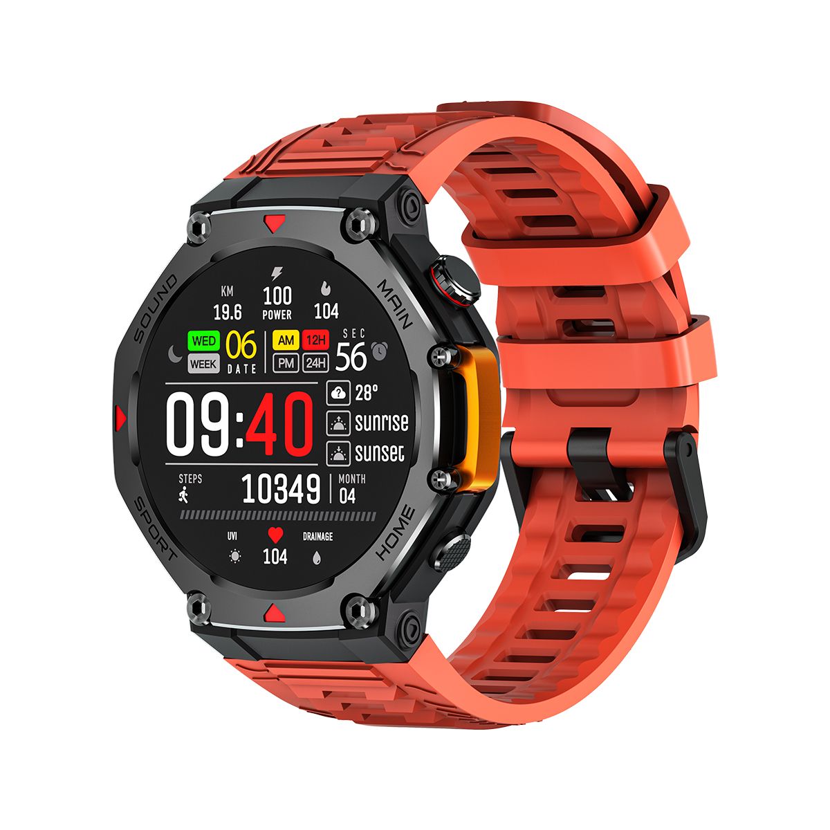 M-Rex4 Rugged GPS Smart Watch, 5ATM Waterproof, Heart Rate Monitor, Orange Red