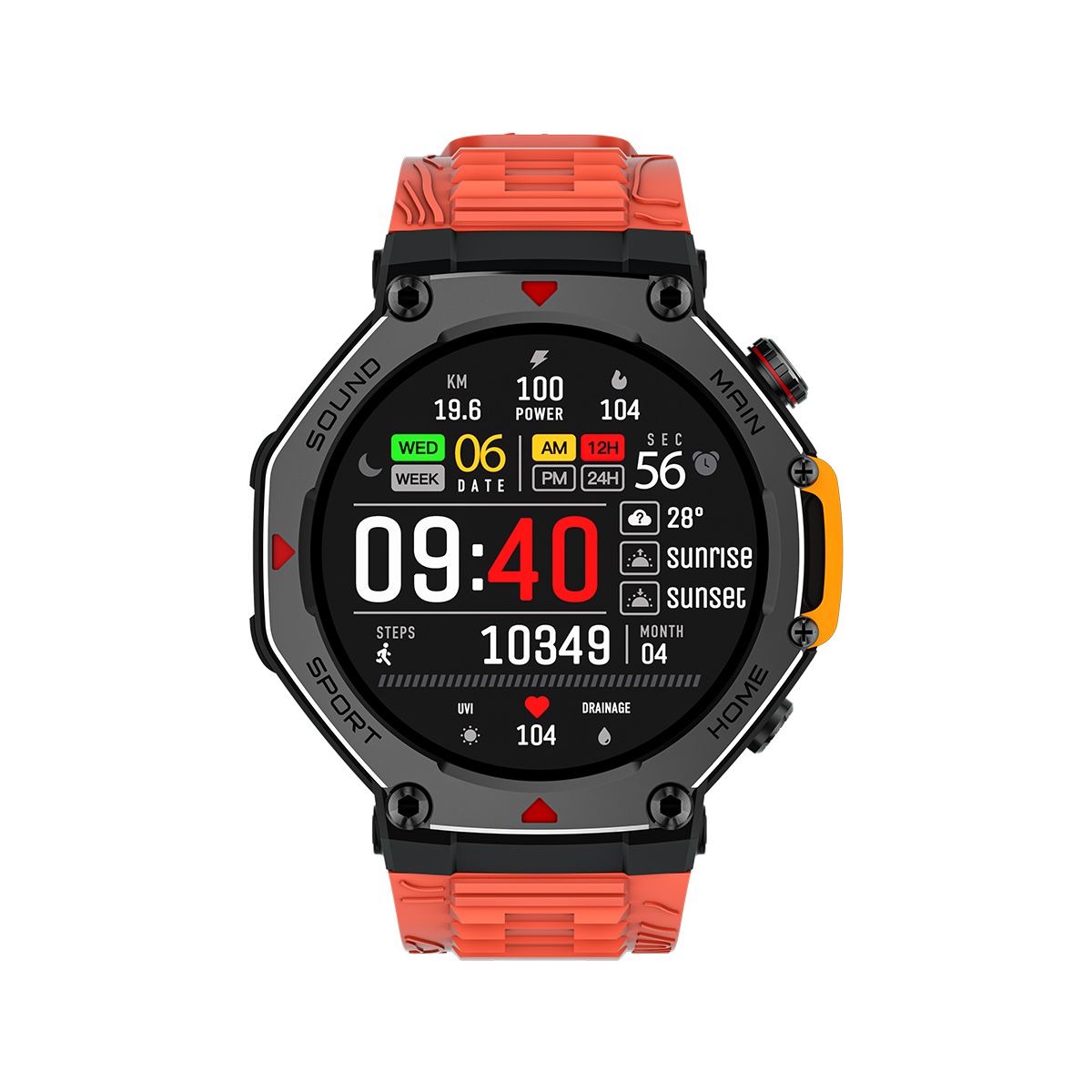 M-Rex4 Rugged GPS Smart Watch, 5ATM Waterproof, Heart Rate Monitor, Orange Red