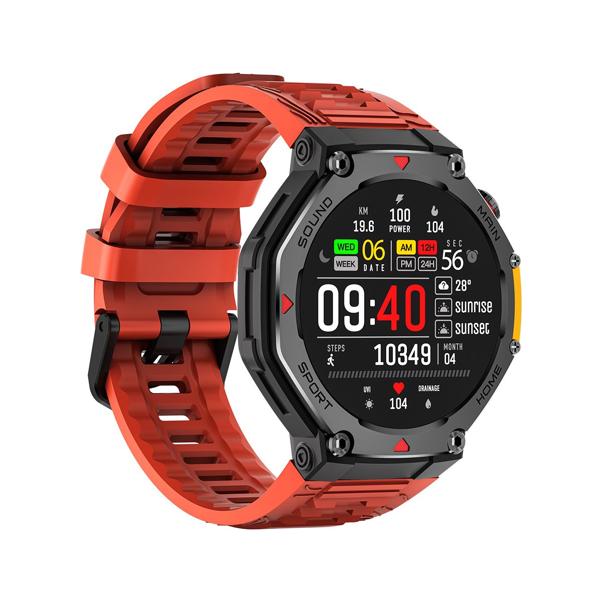 M-Rex4 Rugged GPS Smart Watch, 5ATM Waterproof, Heart Rate Monitor, Orange Red