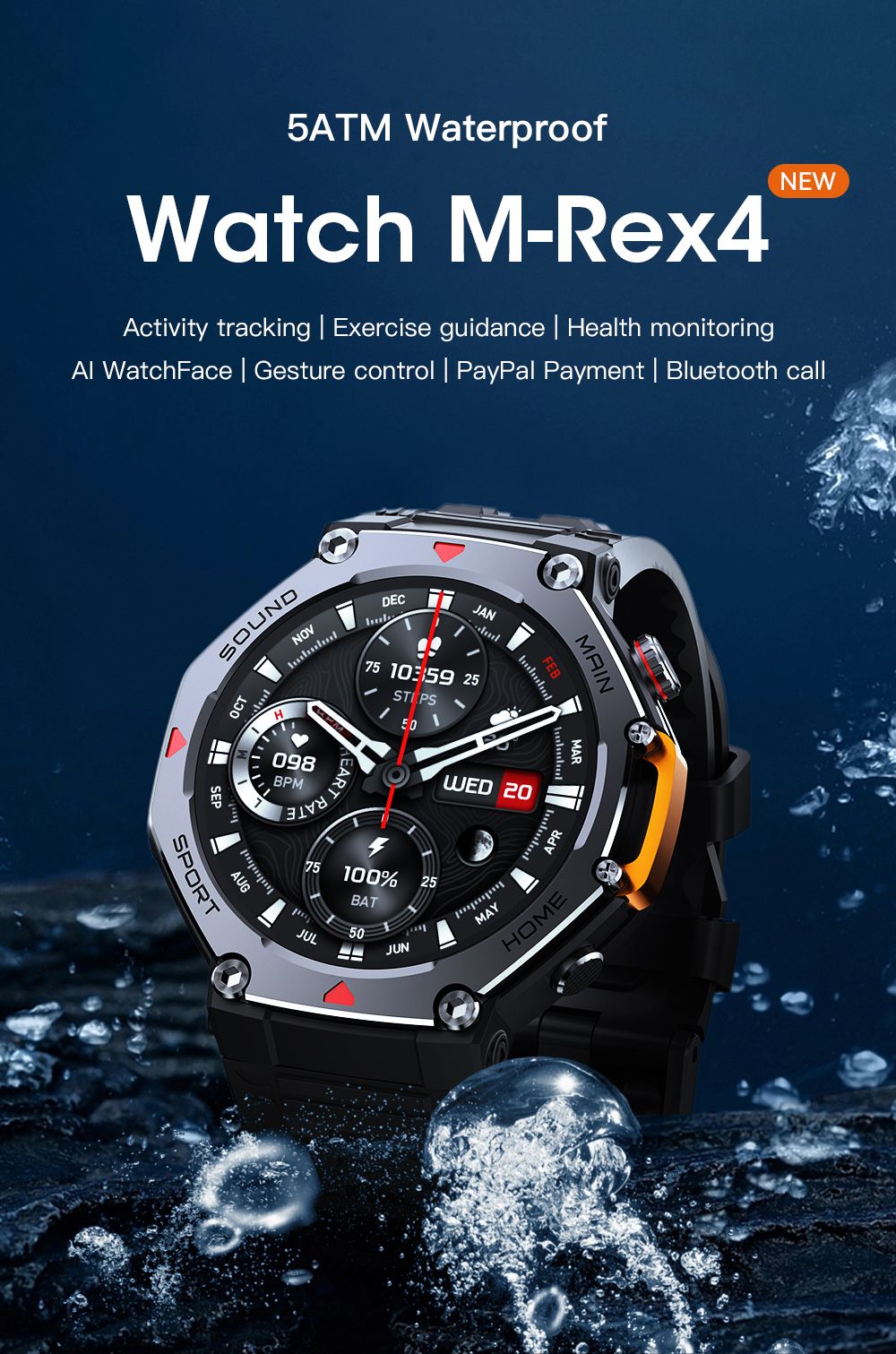 M-Rex4 Rugged GPS Smart Watch, 5ATM Waterproof, Heart Rate Monitor, Orange Red