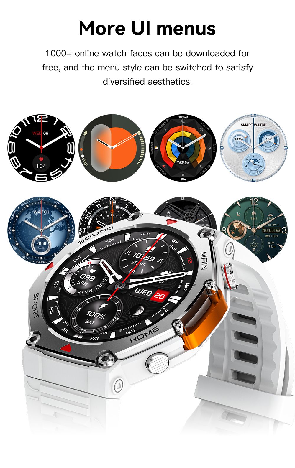 M-Rex4 Men Rugged GPS Smart Watch, 5ATM Waterproof Bluetooth Call Fitness Tracker Heart Rate Sleep Monitor，white