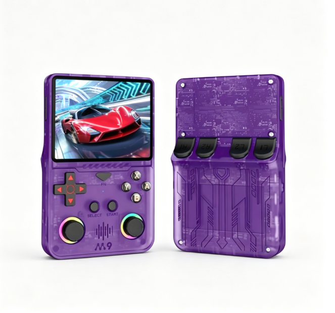 M9 Retro Handheld Game Console, 3.5-Inch Screen, RGB Joystick, Purple Case
