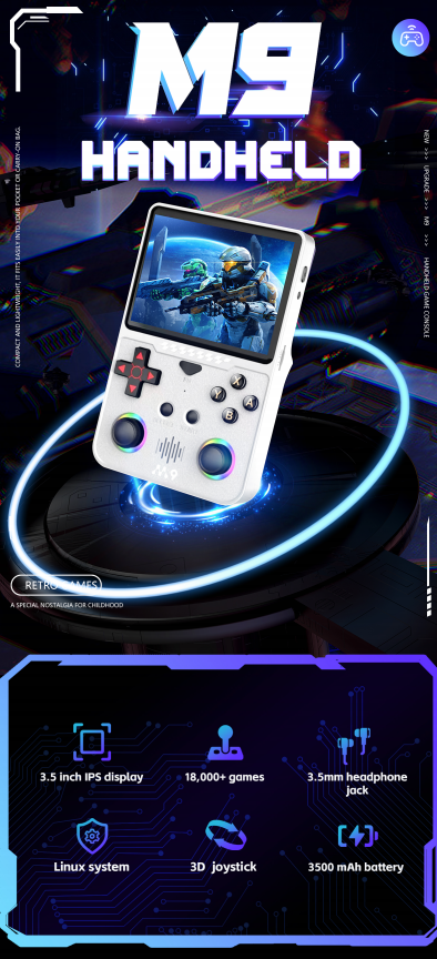M9 Retro Handheld Game Console, 3.5-Inch Screen, RGB Joystick, Purple Case