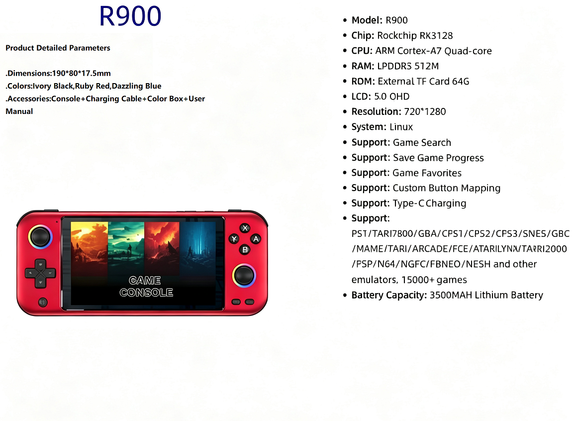 R900 Pocket Handheld Retro Game Console，red