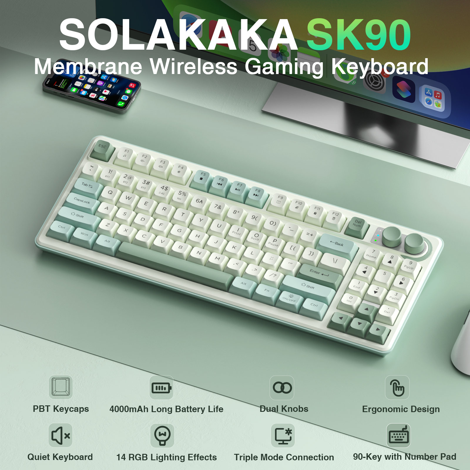 SOLAKAKA SK90 75% Compact Wireless Keyboard with Independent Number Pad，Green & White