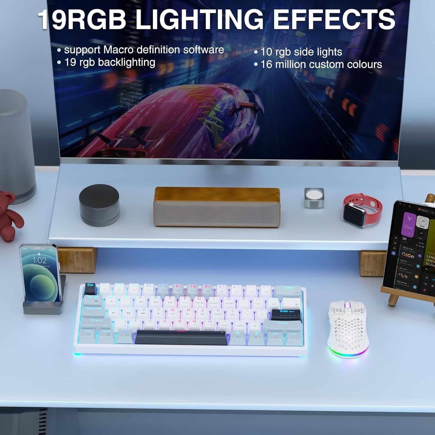 SOLAKAKA SK961 Tri-Mode Wireless RGB Backlit Mechanical Gaming Keyboard，white&blue