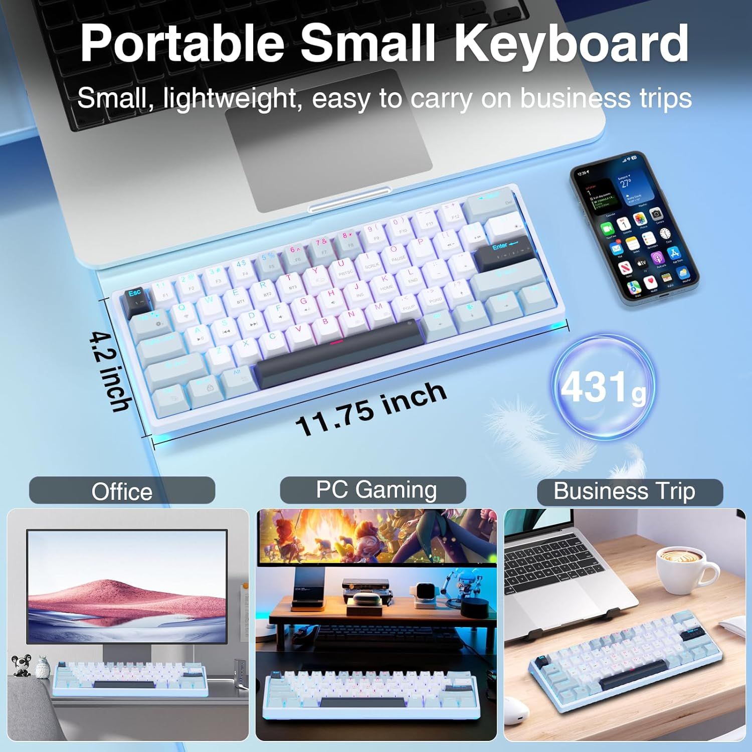 SOLAKAKA SK961 Tri-Mode Wireless RGB Backlit Mechanical Gaming Keyboard，white&blue