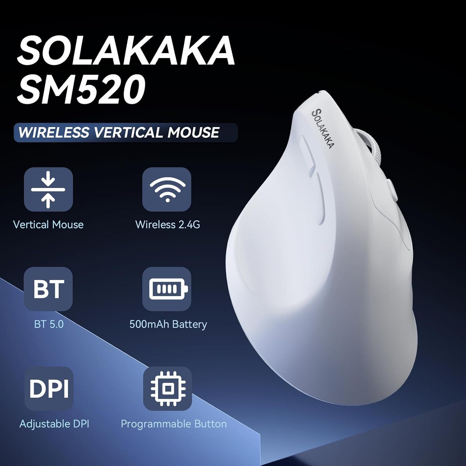 SOLAKAKA SM520 Tri-Mode Vertical Ergonomic Mouse, 24000 DPI Programmable Wireless Vertical Mouse，white