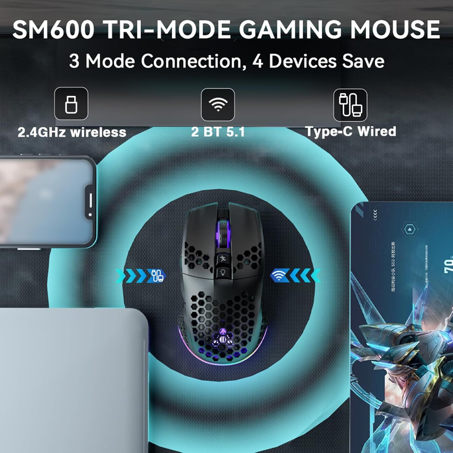SOLAKAKA SM600 Honeycomb Shell Gaming Mouse Wireless,black