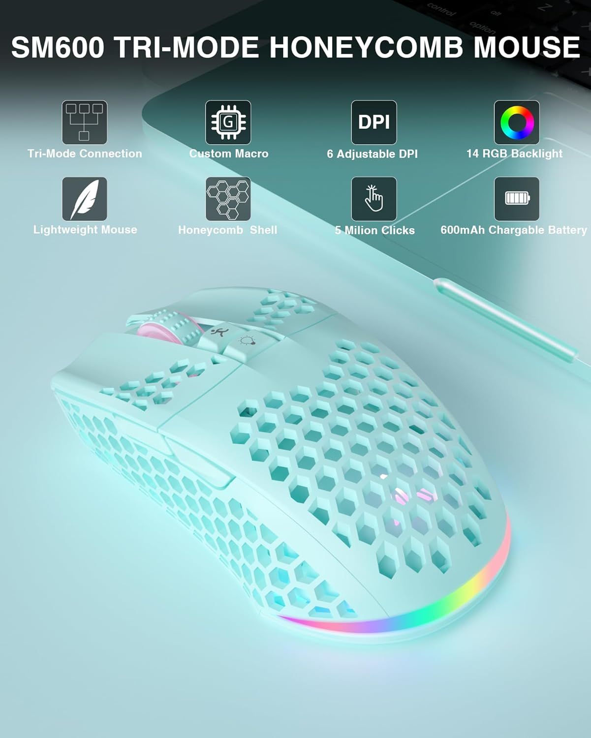 SOLAKAKA SM600 Honeycomb Shell Gaming Mouse Wireless,green