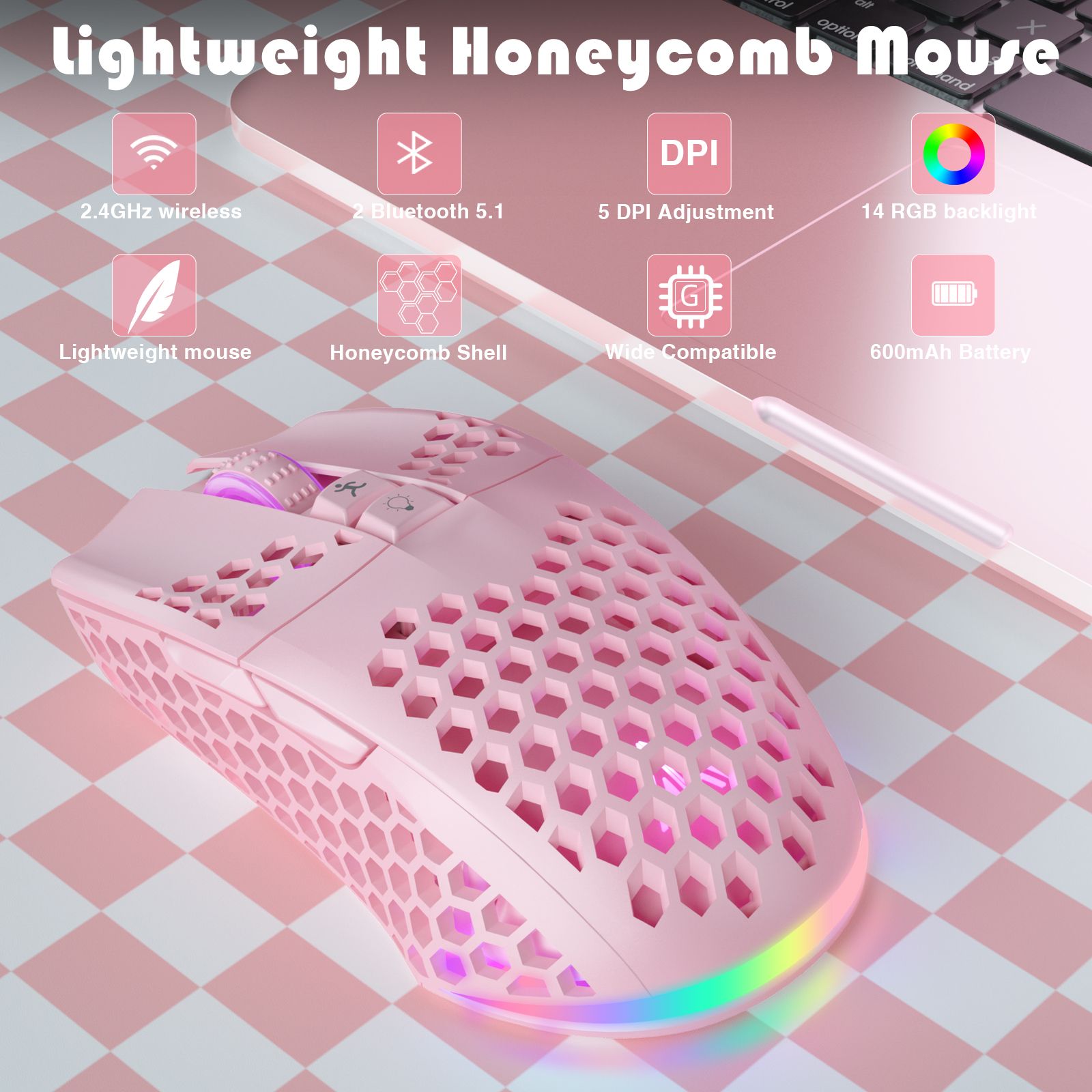 SOLAKAKA SM600 Honeycomb Shell Gaming Mouse Wireless,pink