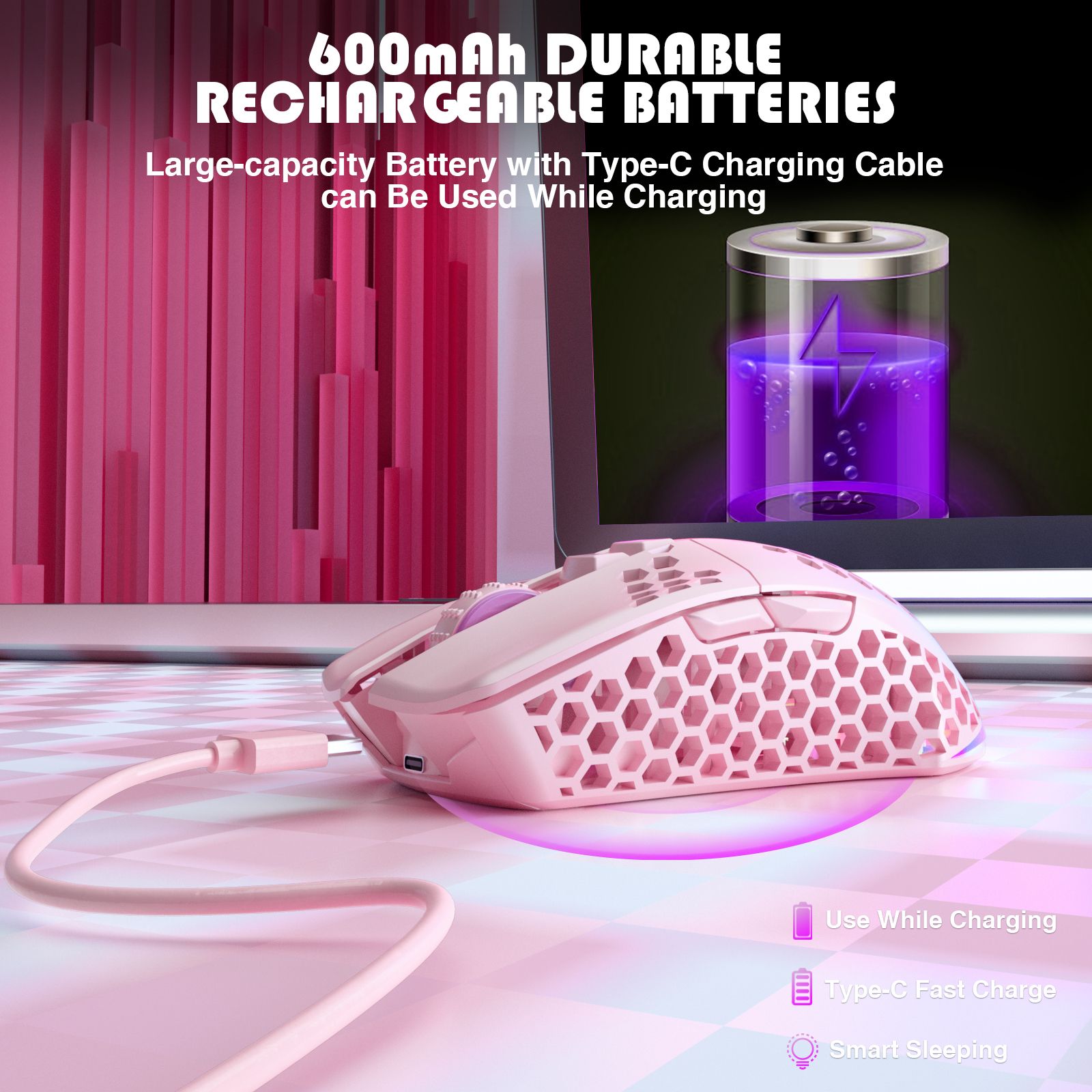 SOLAKAKA SM600 Honeycomb Shell Gaming Mouse Wireless,pink