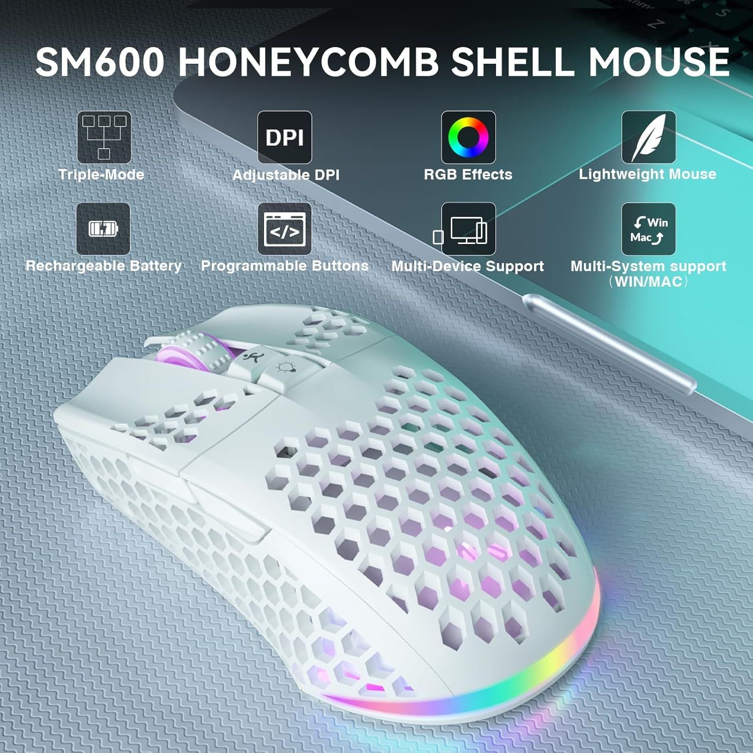 SOLAKAKA SM600 Honeycomb Shell Gaming Mouse Wireless,white
